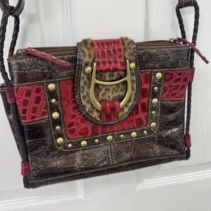 MC Women's Red Croc/Leopard Shoulder Bag Gold Buckle Boho Western